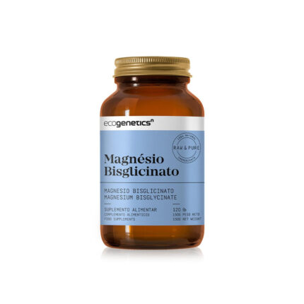 Amber bottle of Ecogenetics Magnesium Bisglycinate dietary supplement with a blue label, 120 capsules