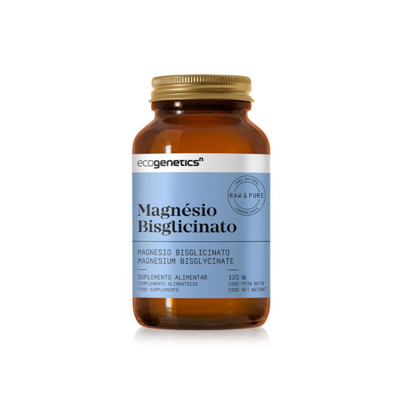 Frasco ámbar del complemento alimenticio Ecogenetics Magnesio Bisglicinato con etiqueta azul, 120 cápsulas