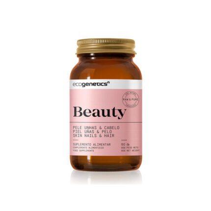 Amber bottle of Ecogenetics Beauty Skin, Nails, and Hair dietary supplement with a pink label, 60 capsules