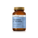 Frasco âmbar de suplemento alimentar Ecogenetics Vitamina C Alcalina com rótulo azul, 60 cápsulas