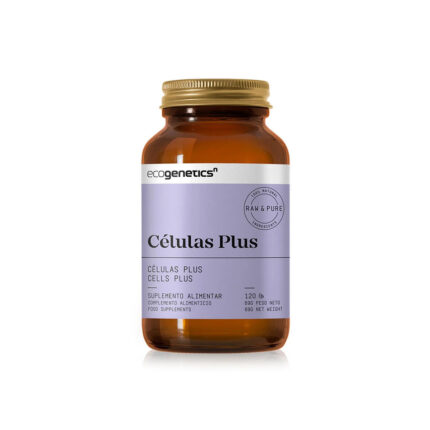 Amber bottle of Ecogenetics Células Plus dietary supplement with a lilac label, 120 capsules