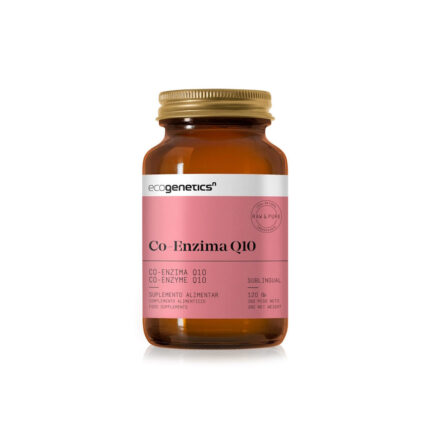 Amber bottle of Ecogenetics Coenzyme Q10 dietary supplement with a pink label, 120 sublingual tablets