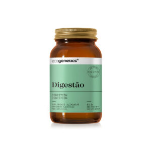 Frasco âmbar de suplemento alimentar Ecogenetics Digestão com rótulo verde, 60 cápsulas