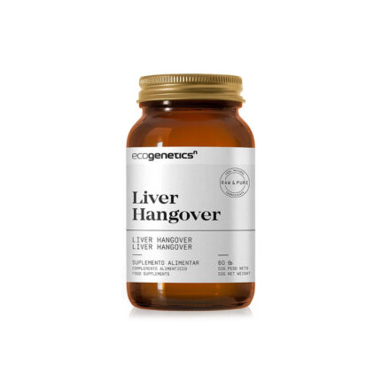 Amber bottle of Ecogenetics Liver Hangover dietary supplement with a white label, 60 capsules