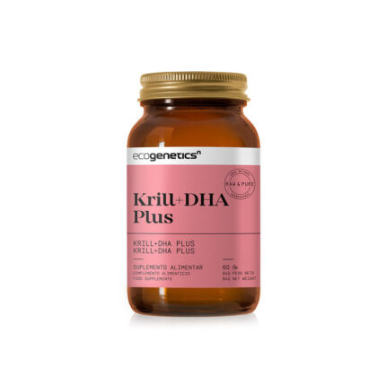 Frasco âmbar de suplemento alimentar Ecogenetics Krill + DHA Plus com rótulo rosa, 60 cápsulas