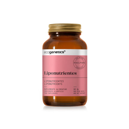 Frasco âmbar de suplemento alimentar Ecogenetics Liponutrientes com rótulo rosa, 90 cápsulas
