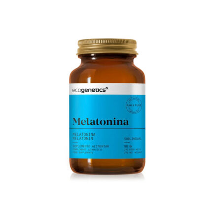 Amber bottle of Ecogenetics Melatonin dietary supplement with a blue label, 90 sublingual tablets