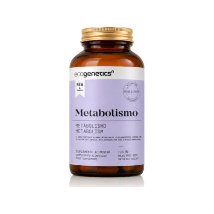 Amber bottle of Ecogenetics Metabolism dietary supplement with a lilac label, 120 capsules