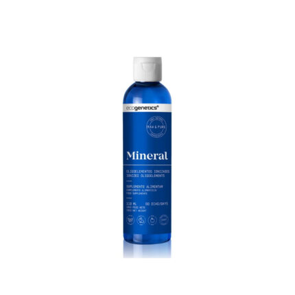 Blue bottle of Ecogenetics Mineral Seawater dietary supplement with a blue label and white cap, 118 ml