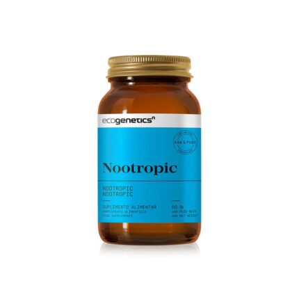 Amber bottle of Ecogenetics Nootropic dietary supplement with a blue label, 60 capsules