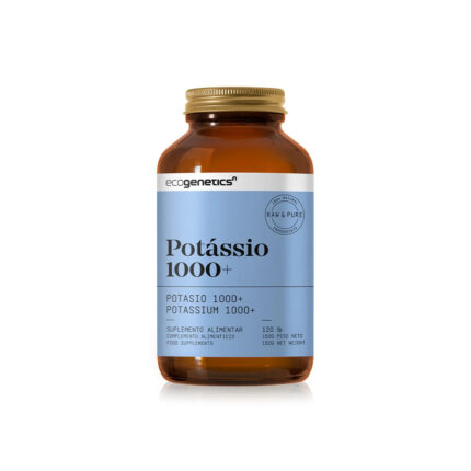 Amber bottle of Ecogenetics Potassium 1000+ dietary supplement with a blue label, 120 capsules