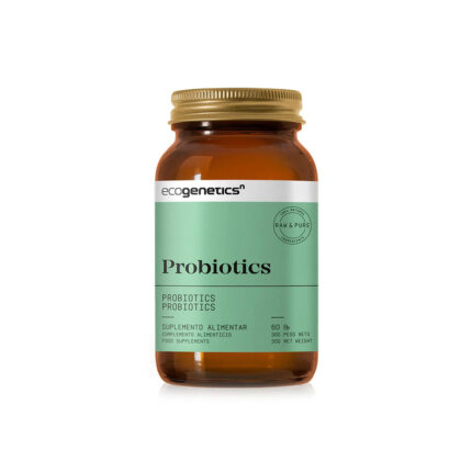 Amber bottle of Ecogenetics Probiotics dietary supplement with a green label, 60 capsules