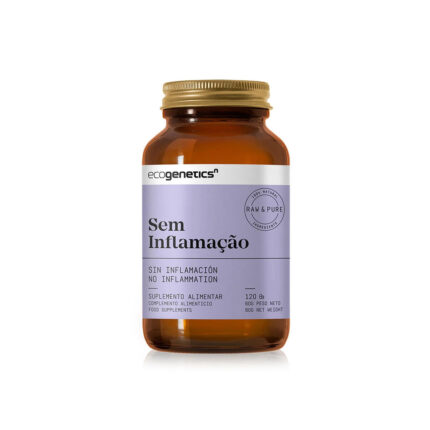 Amber bottle of Ecogenetics "No Inflammation" dietary supplement with a lilac label, 120 capsules