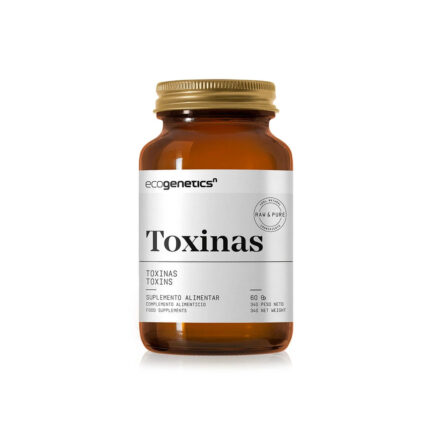 Amber bottle of Ecogenetics Toxins dietary supplement with a white label, 60 capsules