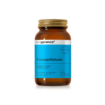 Amber bottle of Ecogenetics Tranquilidade dietary supplement with a blue label, 60 capsules