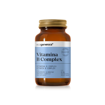 Amber bottle of Ecogenetics Vitamin B Complex dietary supplement with a blue label, 30 capsules