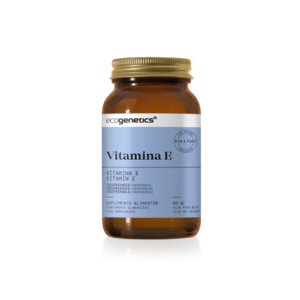 Amber bottle of Ecogenetics Vitamin E dietary supplement with a light blue label, 60 capsules