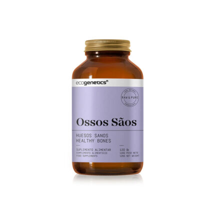 Amber bottle of Ecogenetics Healthy Bones dietary supplement with a lilac label, 120 capsules