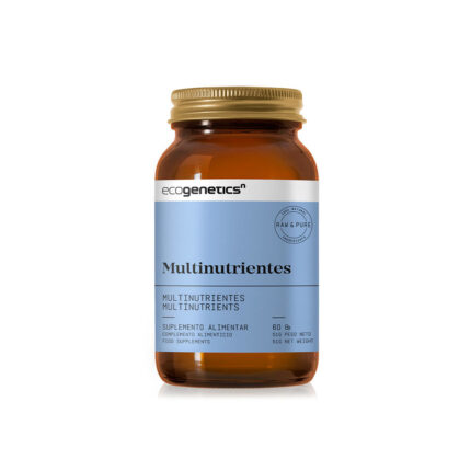Amber bottle of Ecogenetics Multinutrients dietary supplement with a blue label, 60 capsules