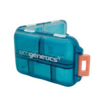 Ecogenetics translucent blue pill organizer, closed, angled view with coral-colored side closure