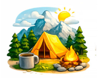 Comida liofilizada: Comidas prácticas para viajes, acampadas y días intensos Una tienda de campaña en la montaña con una hoguera y una taza, ideal para acampar con comida liofilizada