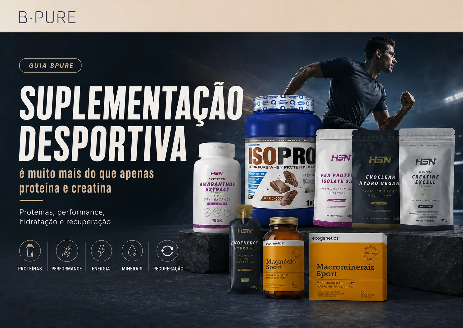 Los suplementos deportivos son mucho más que solo proteínas y creatina Guia visual BPure de suplementação desportiva com proteína, performance, energia, minerais e recuperação