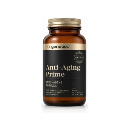 Frasco âmbar de suplemento alimentar Ecogenetics Anti-Aging Prime com rótulo preto e dourado, 60 cápsulas