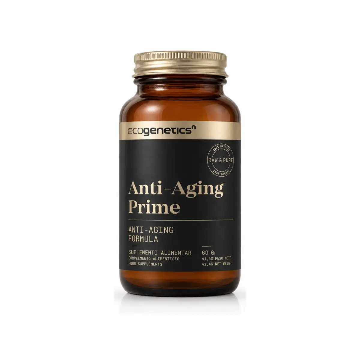 Ecogenetics Anti-Aging Prime 60 Cápsulas Frasco âmbar de suplemento alimentar Ecogenetics Anti-Aging Prime com rótulo preto e dourado, 60 cápsulas